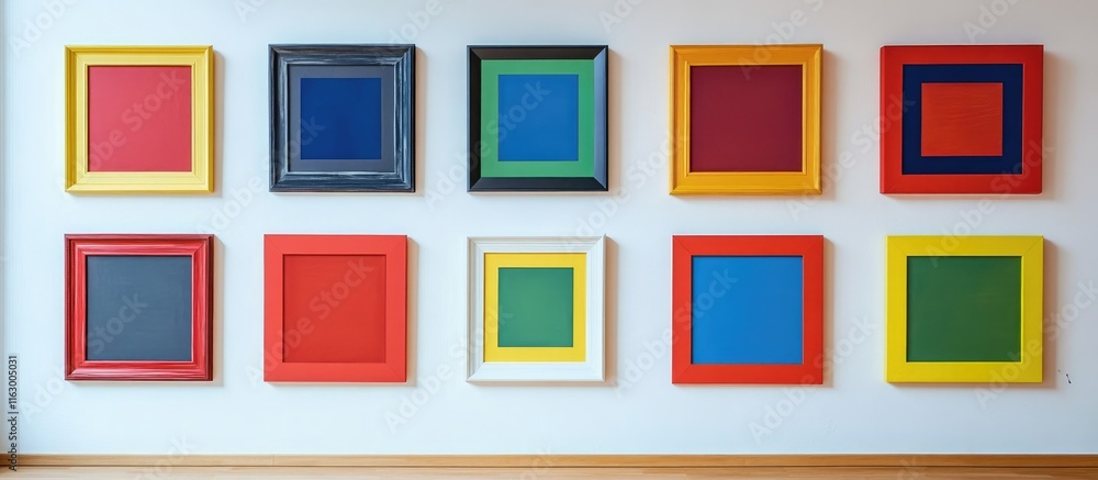 Poster colorful array of empty framed artworks displayed on a wall with clean minimalist design ideal for t