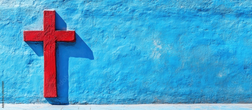 Poster vibrant red cross against a bright blue wall providing ample empty space for text and design element