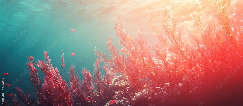 Poster underwater scene of vibrant corals and seaweeds illuminated by sunlight with a red tint creating an 