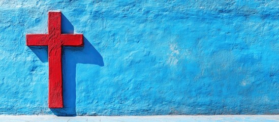 Vibrant red cross against a bright blue wall providing ample empty space for text and design elements