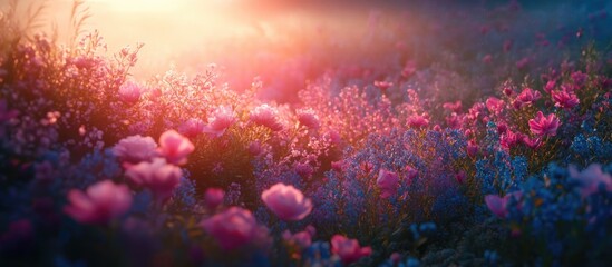 Serene sunset over a vibrant flower field with pink and blue blooms creating a dreamy atmosphere ideal for text overlay or inspirational quotes