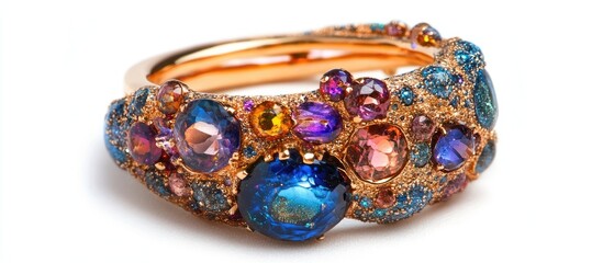 Elegant gemstone ring with colorful stones and intricate design on a white background showcasing luxury and craftsmanship.