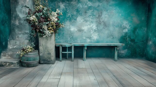 Rustic Teal Room Setting With Flowers and Bench