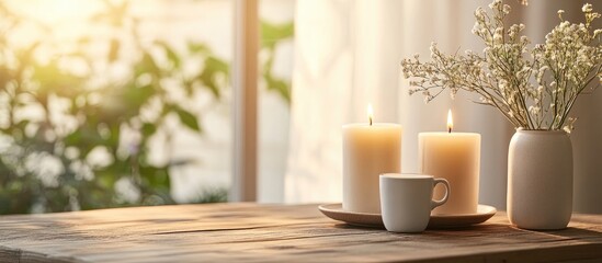 Serene morning ambiance with candles coffee cup and flower vase in peaceful setting for tranquil and calming text overlay