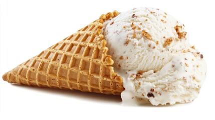 Waffle cone filled with creamy vanilla ice cream on a white background
