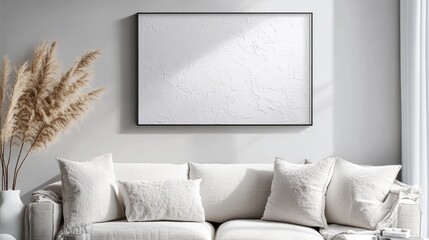 Minimalist White Textured Abstract Art Print in Elegant Living Room Setting with Cozy Sofa and Decorative Elements