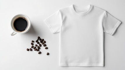 Blank white t-shirt mockup with coffee cup and coffee beans overhead view for customizable design on minimalist background.