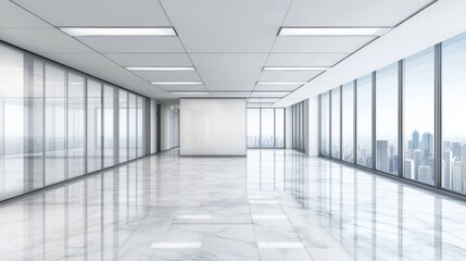 Modern office space with large windows and marble.