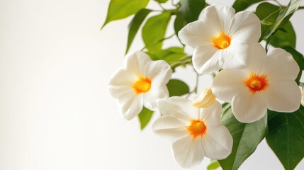 Obraz premium Delicate White Thunbergia Flowers with Orange Accents Against a Soft White Background in Natural Daylight Setting