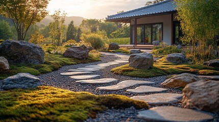 Serene Japanese Garden Path At Sunset