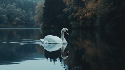 Fototapeta premium Graceful white swan gliding on tranquil lake with serene reflections and gentle ripples in a peaceful natural setting