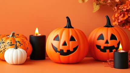 Decorative pumpkins and candles on a vibrant orange background perfect for Halloween celebrations and autumn decorations