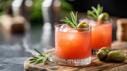 Refreshing minimalist cocktails with green olives and rosemary served on a wooden board in an elegant setting