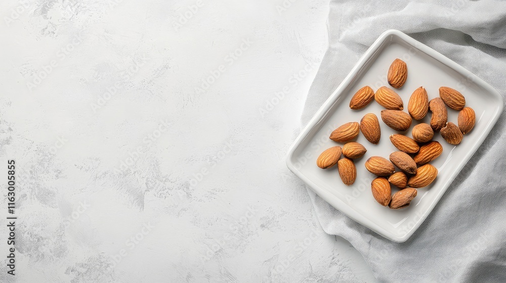 Poster almonds on a white tray on kitchen counter with parchment paper background and ample space for text 