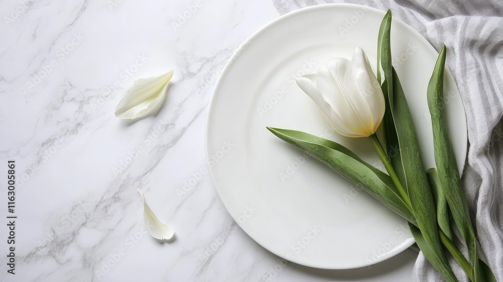 Poster elegant white tulip resting on a pristine white plate against a marble tabletop background with soft