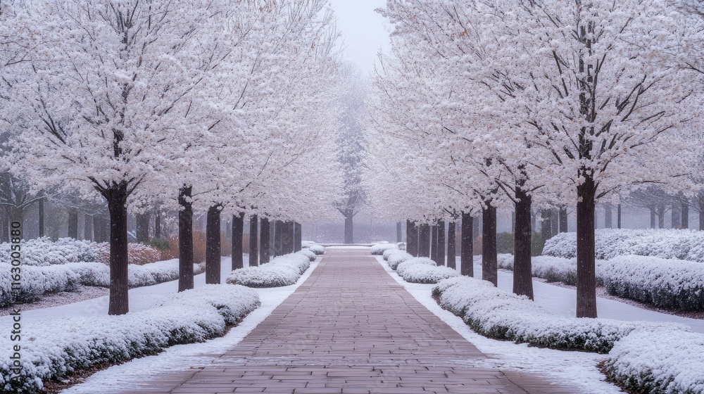 Poster winter pathway lined with white flowering trees in a serene park setting covered in snow and fog cre