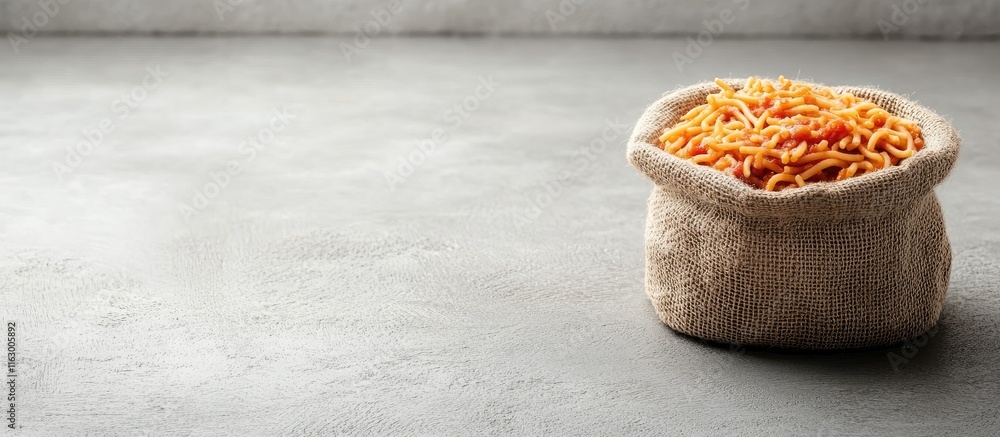 Poster wholemeal spaghetti in a linen bag with tomato sauce on a gray background depicting healthy eating a