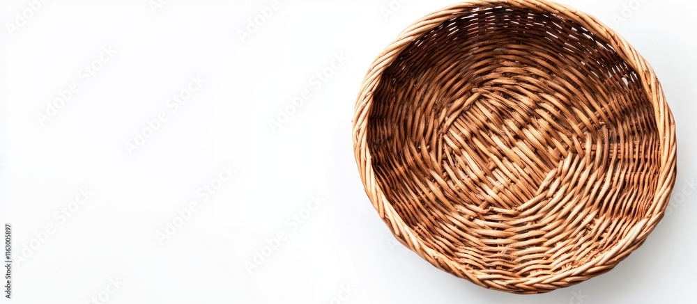Poster round wicker basket on white background showcasing grain texture with ample empty space for customiz