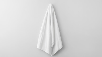 Minimalist white towel hanging against a clean white bathroom background ideal for showcasing design or product mockups in a serene setting.