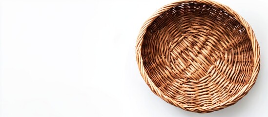 Fototapeta premium Round wicker basket on white background showcasing grain texture with ample empty space for customizable text or branding elements.