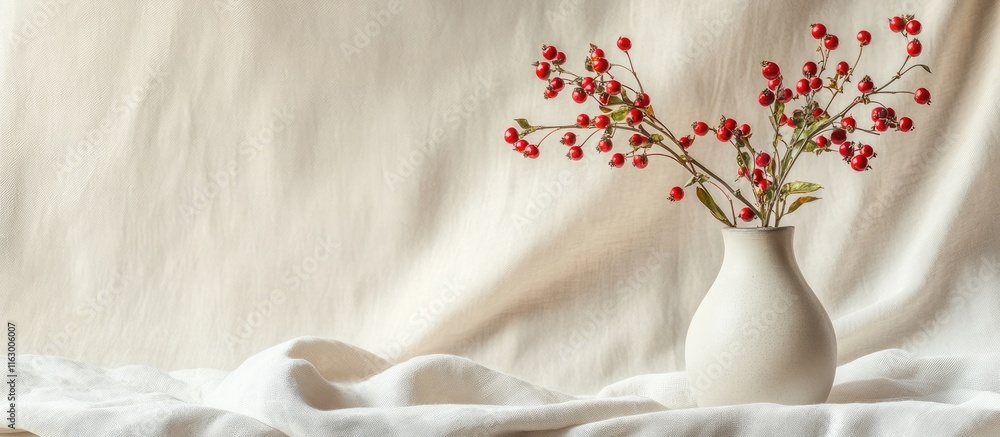 Poster Wild berries elegantly arranged in a vase on soft linen with a neutral background ideal for adding custom text or design elements