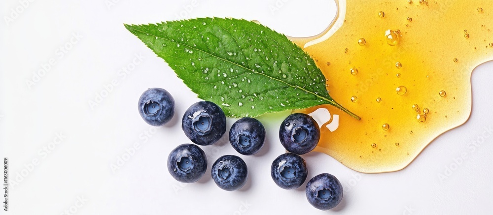 Poster Fresh blueberries with green leaf and honey drizzled on white background ideal for food or health-related design projects.