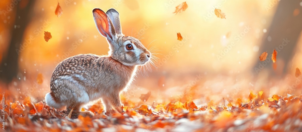 Poster hare exploring colorful autumn leaves in a soft dreamy environment with space for custom text additi