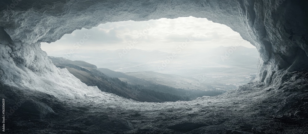 Poster scenic view of stryi mountain range from white stone cave with misty landscape and space for text in