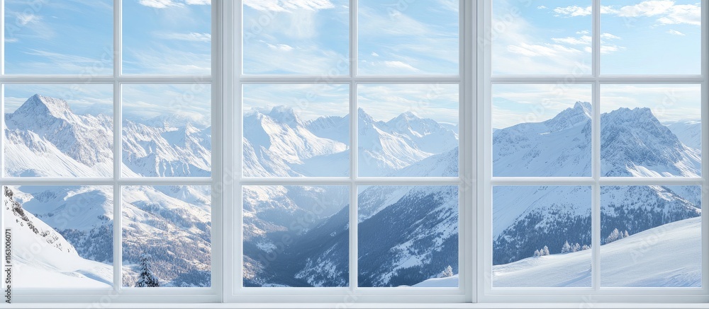 Poster scenic window view of snowy mountains with clear sky and space for custom text or branding