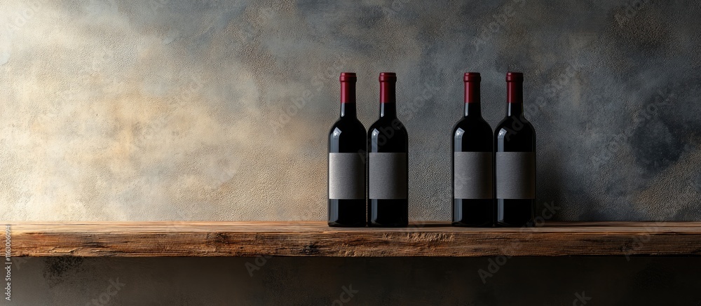 Poster elegant wine bottles on rustic shelf with text space for branding and marketing concepts in a sophis