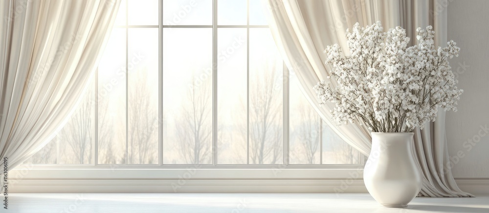 Poster elegant window with sheer curtains and a vase of flowers creating a serene atmosphere ideal for text