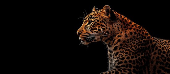 Naklejka premium Majestic leopard portrait on black backdrop with ample negative space for creative text or captions in wildlife photography setting