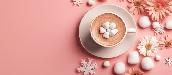 Winter Coffee Flat Lay with Latte Marshmallows and Cotton Flowers on Pink Background Featuring Snowflakes and Space for Text