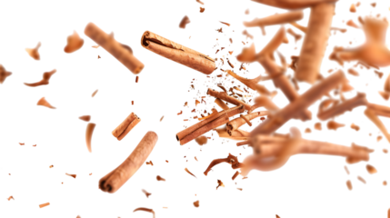 Flying cinnamon sticks, isolated on white background 