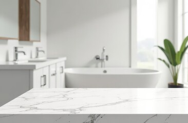 White bathroom interior. Empty marble table top for product display with blurred bathroom interior background. digital ai art 
