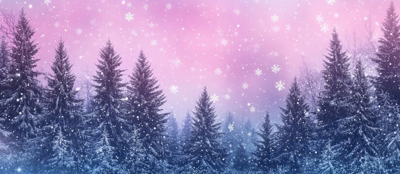 Serene winter forest scene with snow-covered fir trees and softly falling snowflakes against a pastel sky ideal for seasonal backgrounds