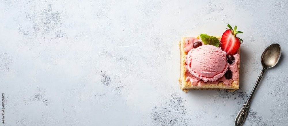 Aufkleber carmel coffee bean squares topped with strawberry ice cream and fresh berries on a textured backgrou