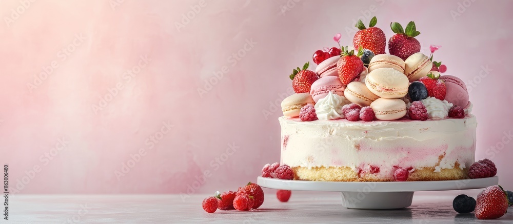 Poster festive berry macaron cake with whipped cream and strawberries on elegant display with copy space fo