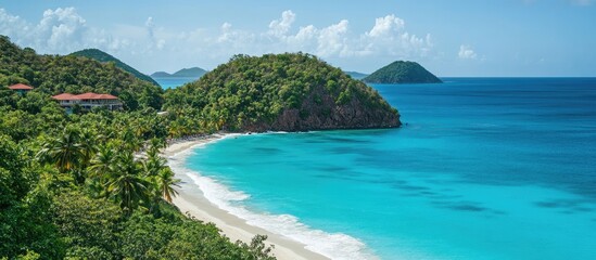 Obraz premium Caribbean island paradise featuring turquoise water lush palm trees and scenic hills under a bright blue sky for text space
