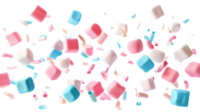 Flying colorful marshmallows in various shapes, isolated on white background  - Powered by Adobe