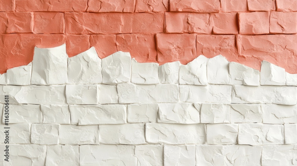Poster coral and white textured brick wall with empty space for copy and design elements in a modern interi