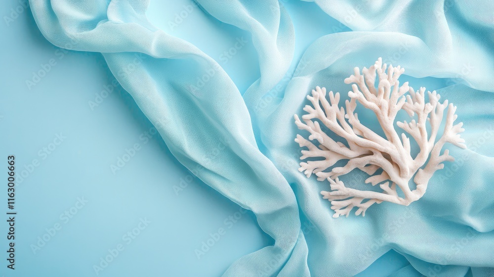 Poster coral decoration on soft blue fabric background with empty copyspace for design and branding purpose