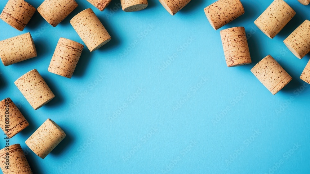 Poster cork stoppers arranged on a vibrant blue background with empty copyspace for text or design elements