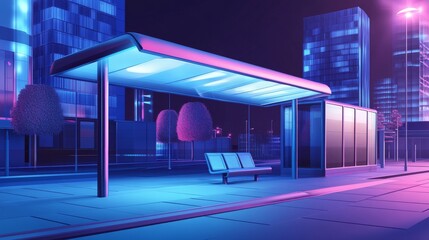 Modern urban bus stop at night with neon lights.