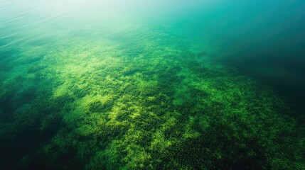 Obraz premium Underwater view of a vibrant coral reef landscape featuring green algae covering the seafloor with tranquil blue waters above