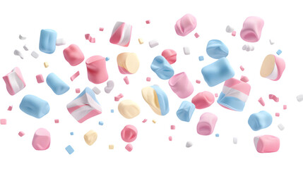 Flying colorful marshmallows in various shapes, isolated on white background 