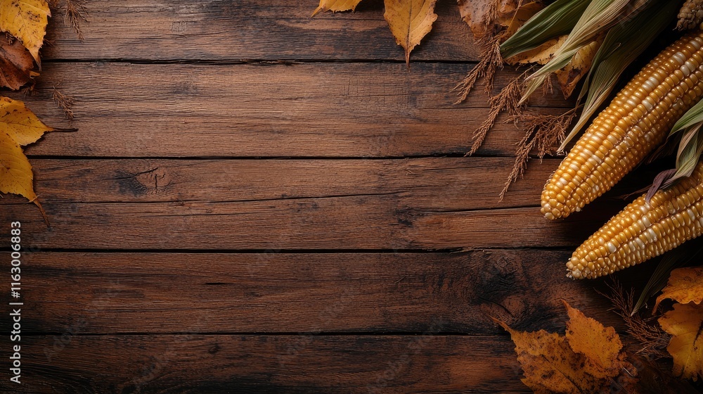 Poster autumn corn on the cob with colorful leaves on rustic wooden table empty space for text ideal for se