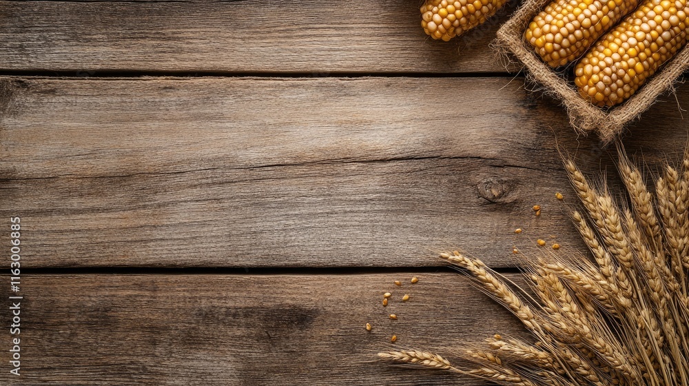 Poster corn and wheat on rustic wooden table with copyspace for text or branding use