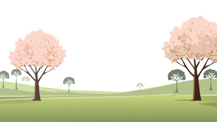 Spring, summer simple abstract landscape, pastel colors wallpaper, with trees and sakura blossom, background vector illustration