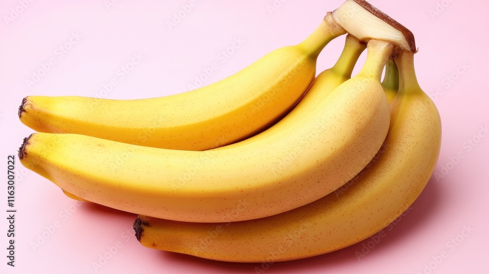 Poster vibrant yellow bananas arranged on a soft pink backdrop creating a fresh and colorful fruit composit